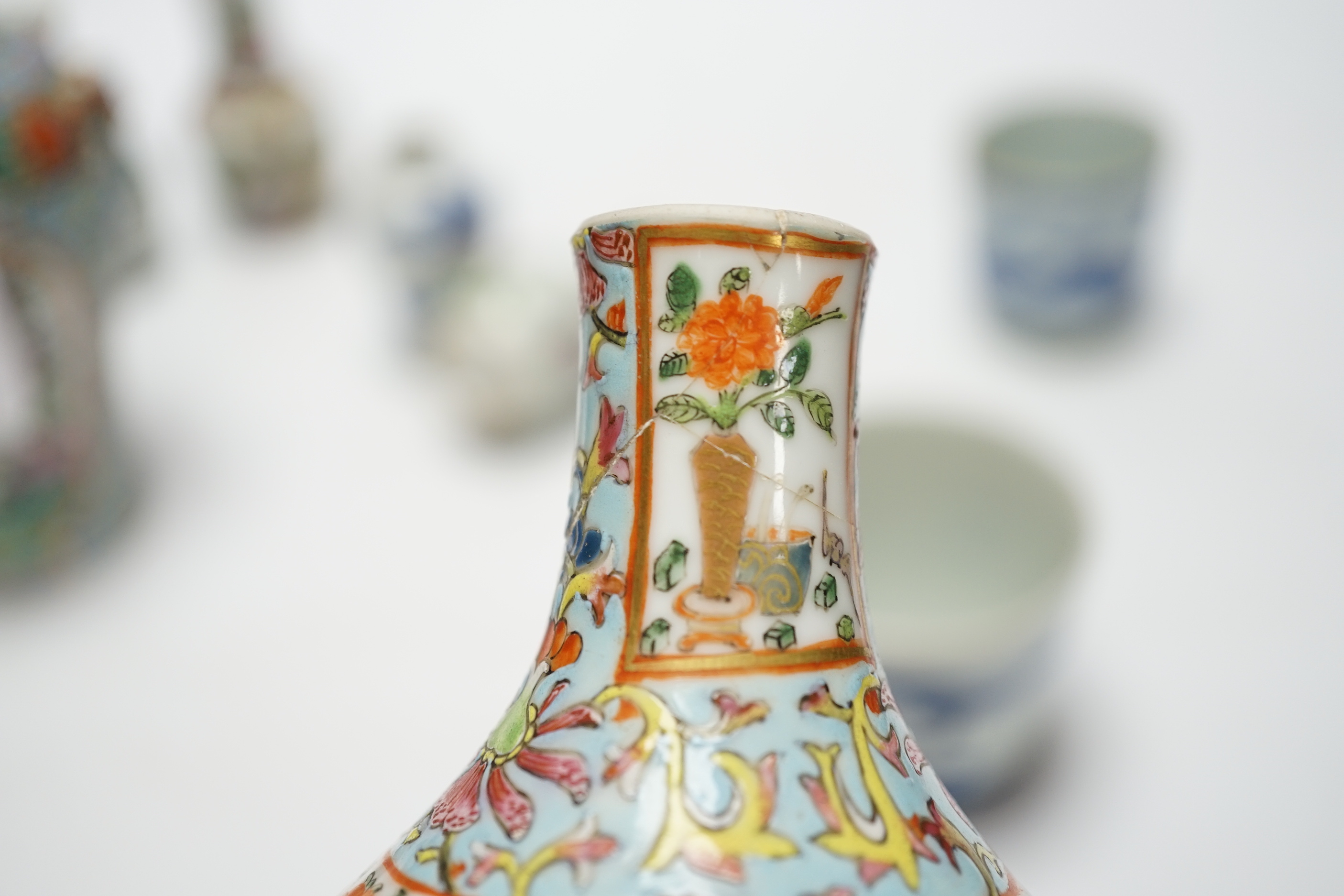 A group of Chinese famille rose small vases and blue and white items, late 19th/early 20th century (8) tallest 16cm